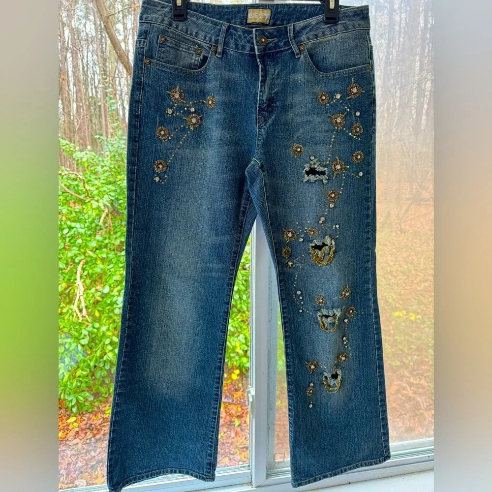 Xyou 11/12 women’s distressed bootcut jeans with sequins & beading w/stretch.